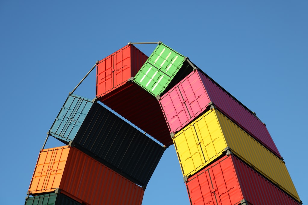 Shipping containers arranged in an arch
